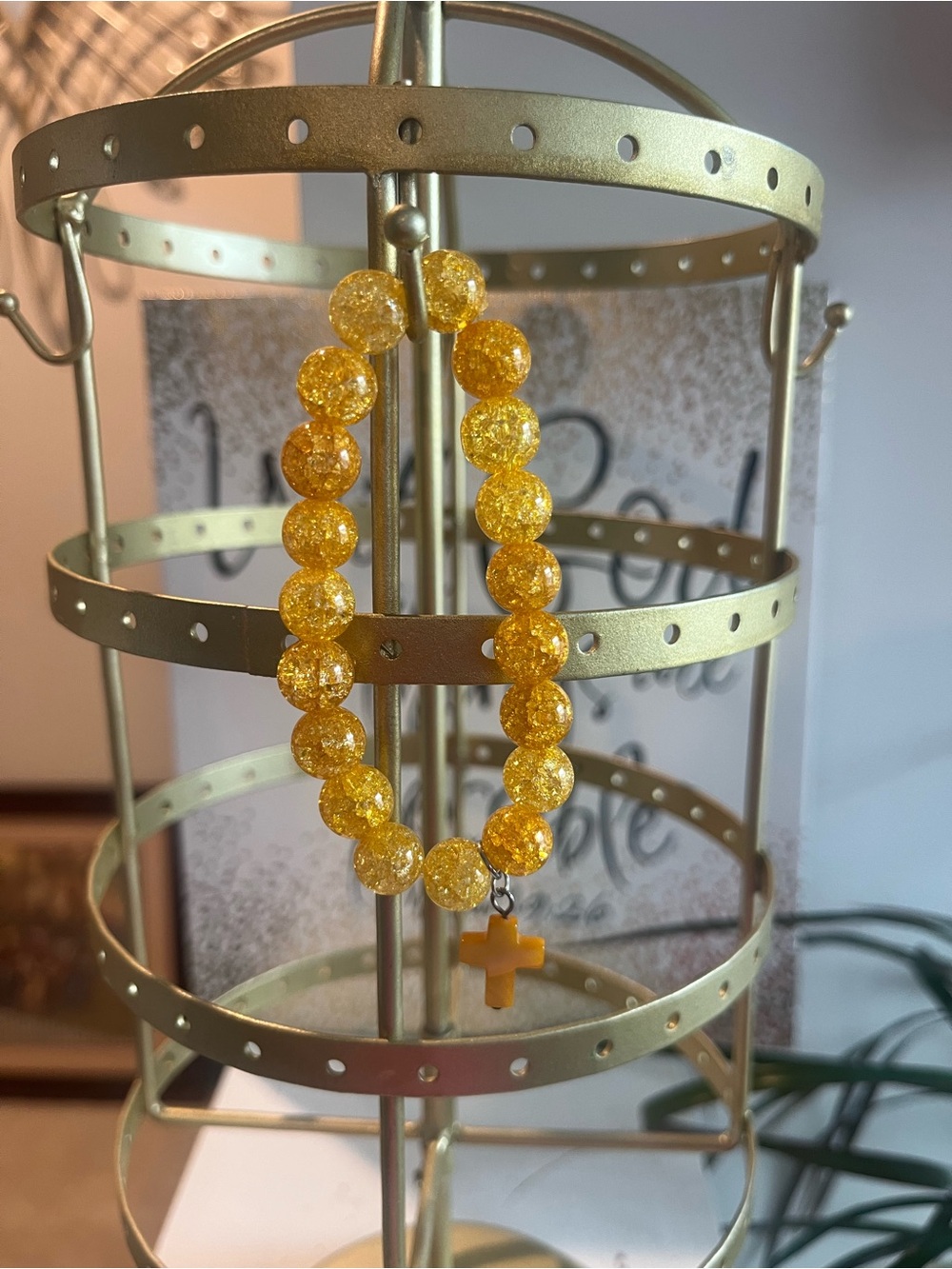 Yellow Crackle Bead Bracelet with Cross Charm - Unbranded